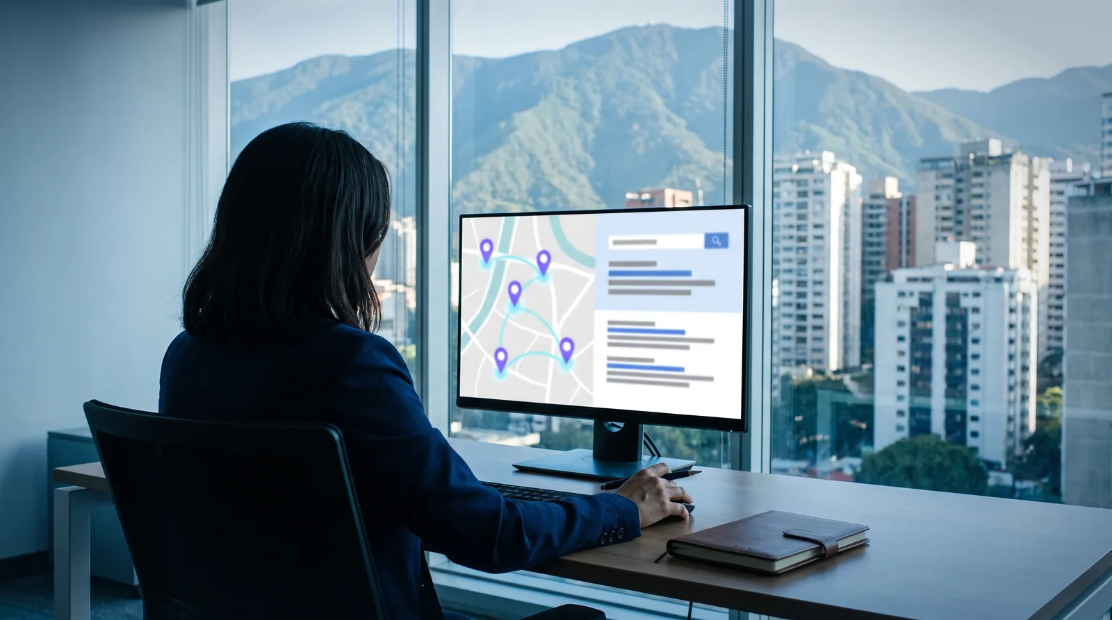 Directora de marketing de una red de clínicas de Caracas revisa sus sedes en el mapa y en Google
