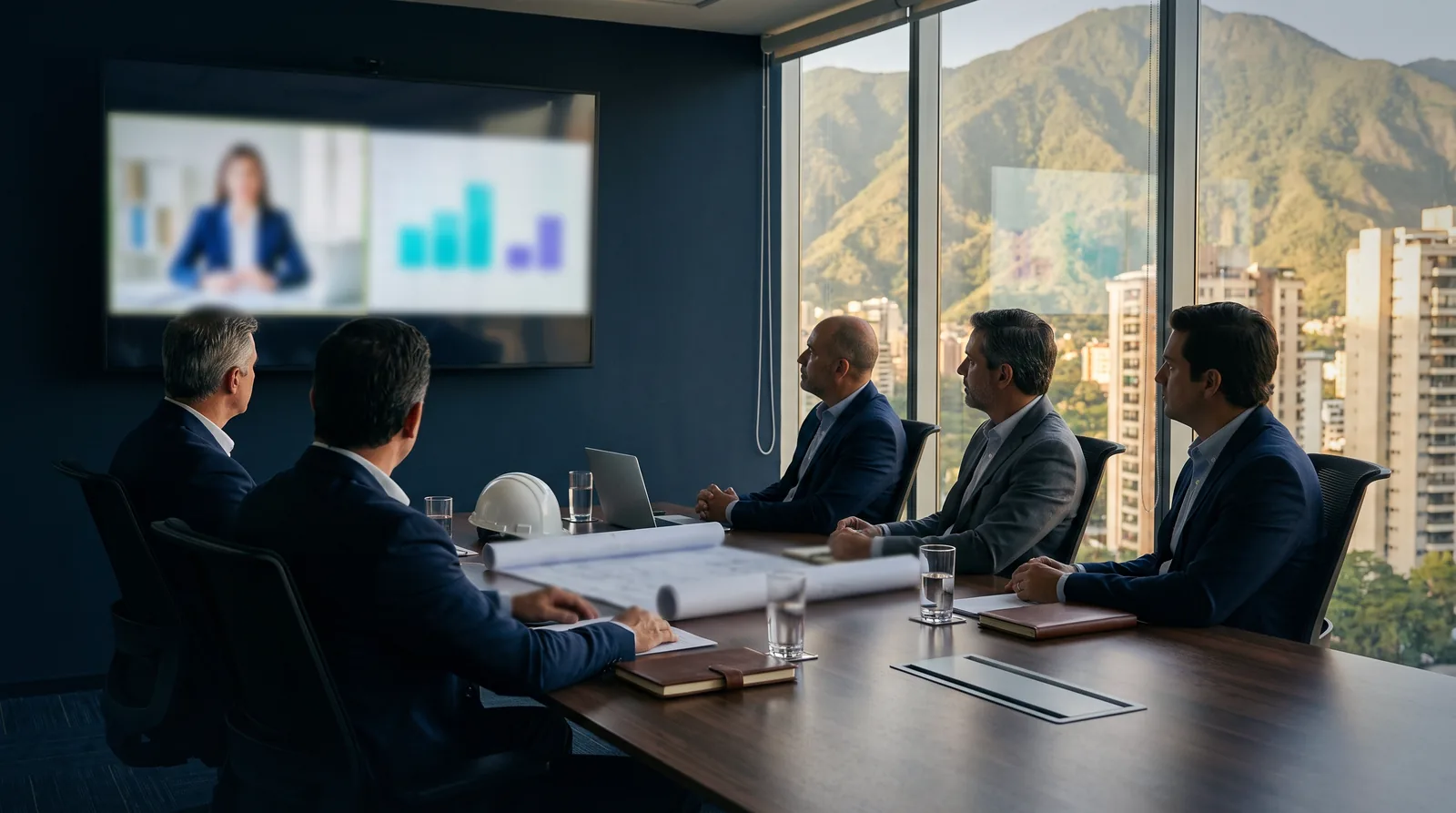 Directivos de una empresa de ingeniería de Caracas en videollamada con su asesor, en una sala de juntas con El Ávila