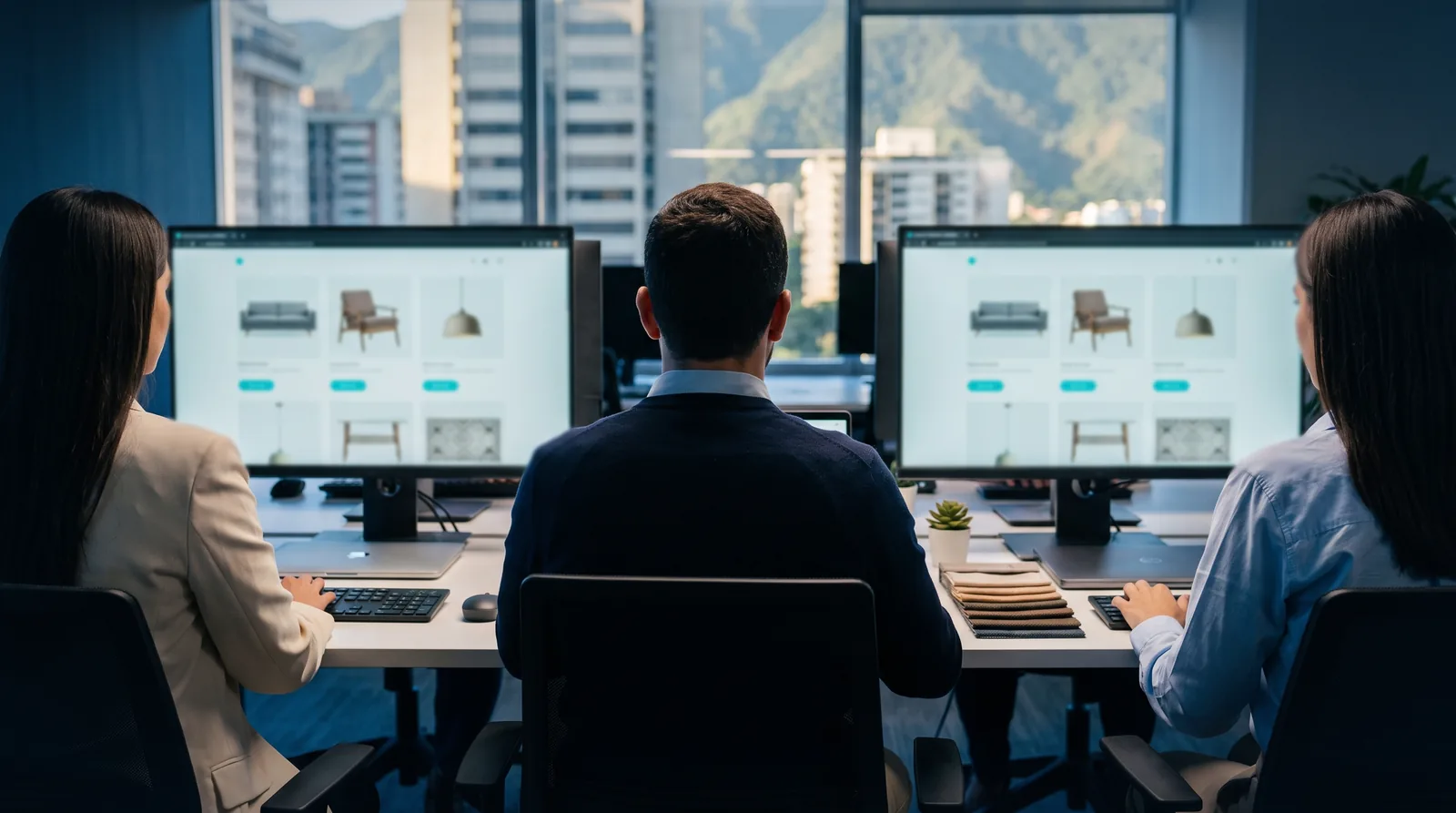 Equipo de ecommerce de una importadora de muebles de Caracas revisa el catálogo de su tienda online