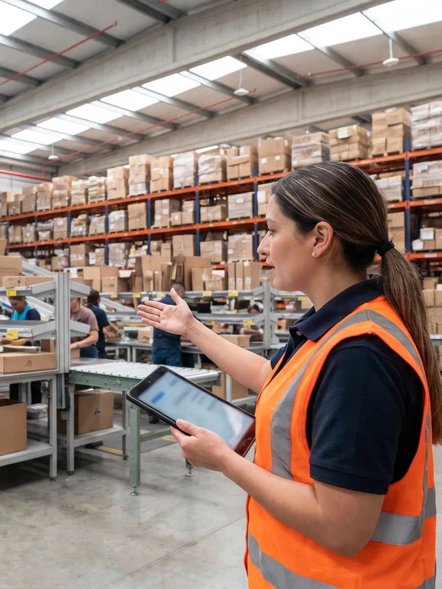 Supervisora de un centro de distribución en Colombia revisa en una tableta los pedidos de la tienda virtual
