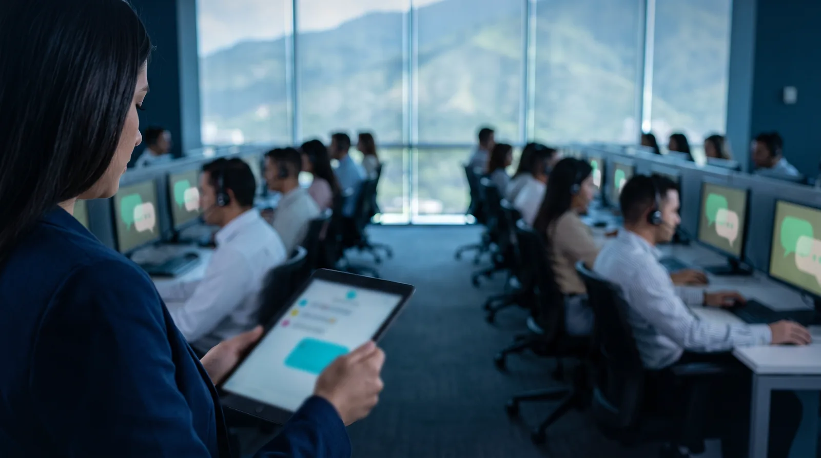 Supervisora del contact center de una empresa de Caracas revisa y aprueba conversaciones desde su tablet